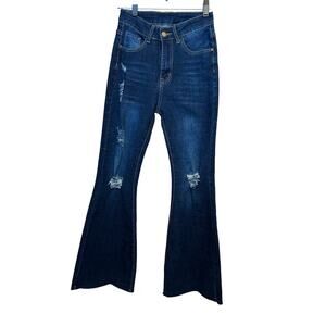 Vintage Style XS Flared Jeans Distressed High Waist Raw Edge Denim Bell Bottom